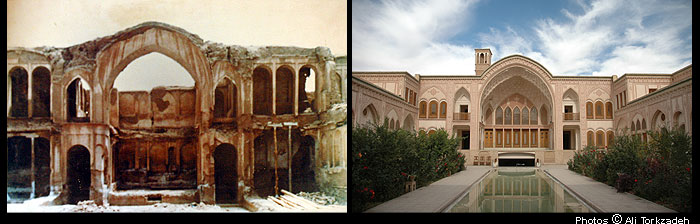 Before and after of Ameri House, the 230-year-old home of a former military commander based in Kashan, Iran.