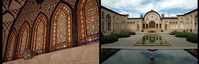 Stained glass laid in thin slices of plaster inside the reception room at Tabatabi House (left); the 195-year-old property said to be unmatched for its intricate plaster-moulding works.